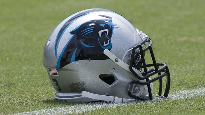 Jul 27, 2013; Spartanburg, SC USA; A Carolina Panthers helmet lays on the field during training camp held at Wofford College. Mandatory Credit: Jeremy Brevard-Imagn Images