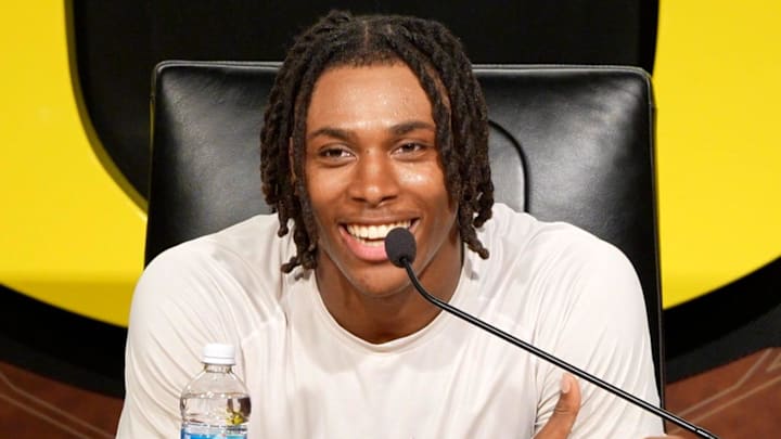 Oregon tight end Jamari Johnson speaks during a media availability on Aug. 5, 2025, in Eugene, Oregon.