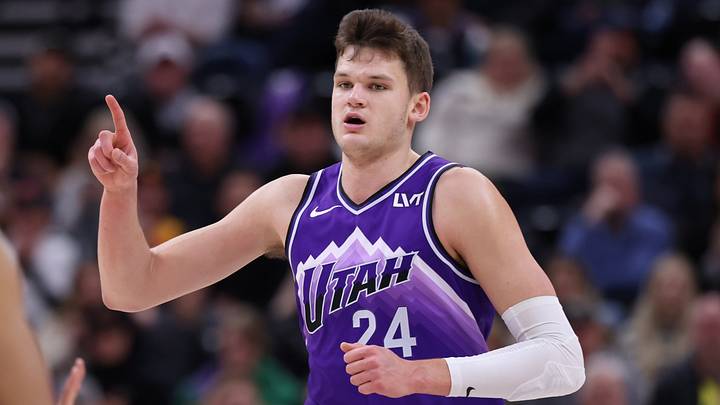 Dec 8, 2023; Salt Lake City, Utah, USA; Utah Jazz center Walker Kessler (24) reacts to a play against the Los Angeles Clippers during the second half at Delta Center. Mandatory Credit: Rob Gray-USA TODAY Sports