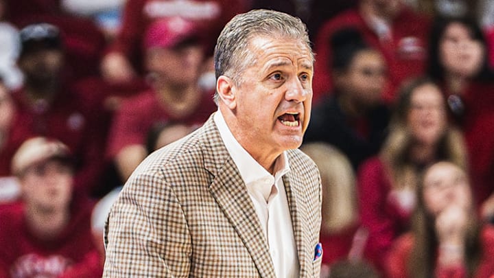 Arkansas Razorbacks coach John Calipari looks on against the Florida Gators inside Bud Walton Arena. The Gators won 71-63.