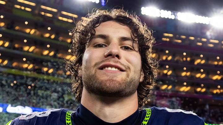 Seattle Seahawks tight end AJ Barner celebrates after defeating the New England Patriots