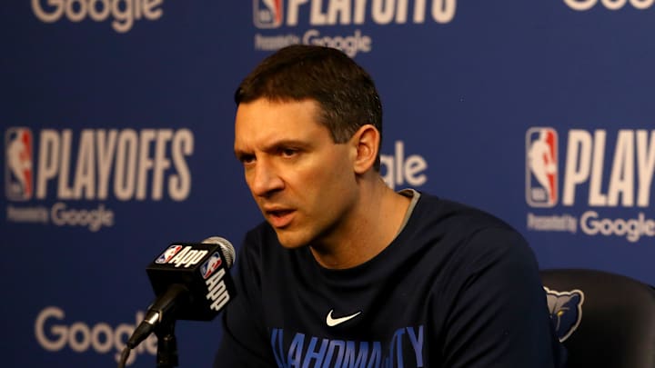 Apr 24, 2025; Memphis, Tennessee, USA; Oklahoma City Thunder head coach Mark Daigneault during a press conference before game three for the first round of the 2024 NBA Playoffs against the Memphis Grizzlies at FedExForum. Mandatory Credit: Petre Thomas-Imagn Images Apr 24, 2025; Memphis, Tennessee, USA; Oklahoma City Thunder head coach Mark Daigneault during a press conference before game three for the first round of the 2024 NBA Playoffs against the Memphis Grizzlies at FedExForum. Mandatory Credit: Petre Thomas-Imagn Images