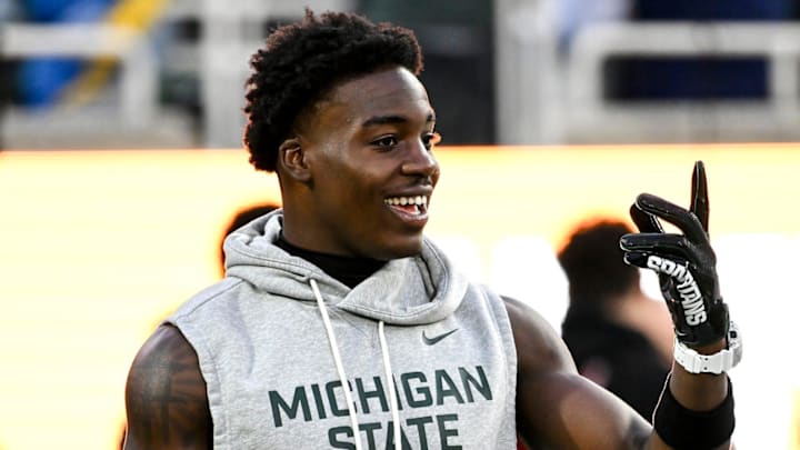 Michigan State's Nick Marsh smiles while warming up before the game against Michigan on Saturday, Oct. 25, 2025, at Spartan Stadium in East Lansing.