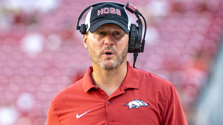 Arkansas Razorbacks coach Ryan Silverfield reacts to a play during the second half of the team's 31-14 victory over North Alabama in the season opener at CommunityAmerica Razorback Stadium.