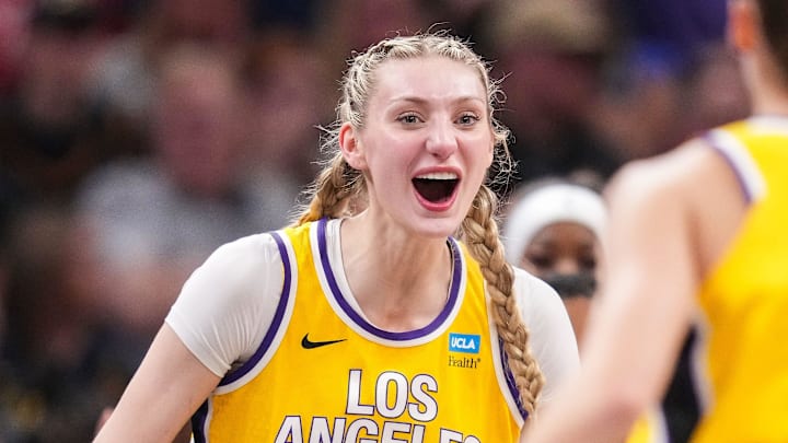 Los Angeles Sparks forward Cameron Brink reacts to a play.