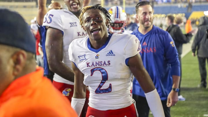 Sep 10, 2022; Morgantown, West Virginia, USA; Kansas Jayhawks cornerback Cobee Bryant (2) celebrates