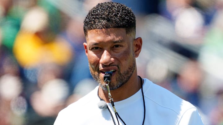 Notre Dame head coach Marcus Freeman during the Blue-Gold spring game at Notre Dame Stadium on Saturday, April 25, 2026, in South Bend.
