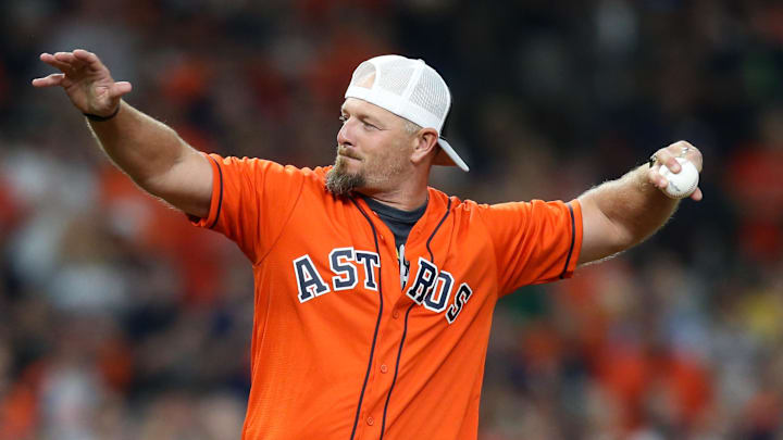 Oct 5, 2019; Houston, TX, USA; Former Astros' Billy Wagner throws out the first pitch prior to the game between the Tampa Bay Rays and the Houston Astros in game two of the 2019 ALDS playoff baseball series at Minute Maid Park. 