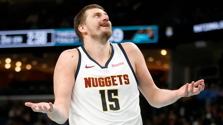 Mar 18, 2026; Memphis, Tennessee, USA; Denver Nuggets center Nikola Jokic (15) reacts during the second quarter against the Memphis Grizzlies at FedExForum. Mandatory Credit: Petre Thomas-Imagn Images
