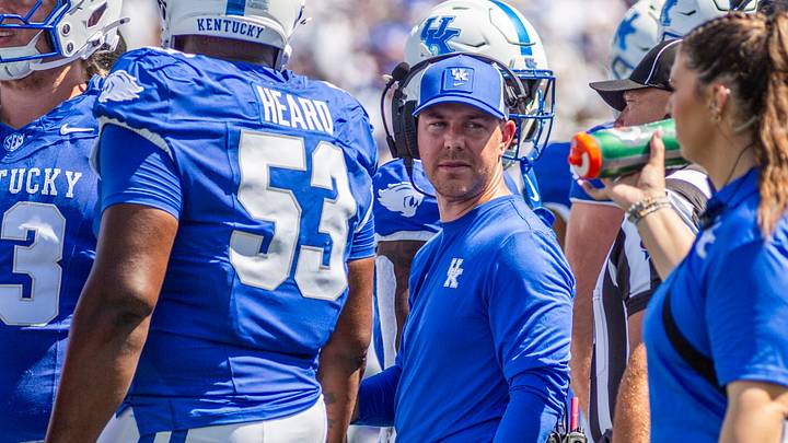 Sep 5, 2026; Lexington, Kentucky, USA;  Kentucky Wildcats head coach Will Stein talks to his team during a time out during the first quarter against the Youngstown State Penguins at Kroger Field.  Mandatory Credit: Arden Barnes-Imagn Images