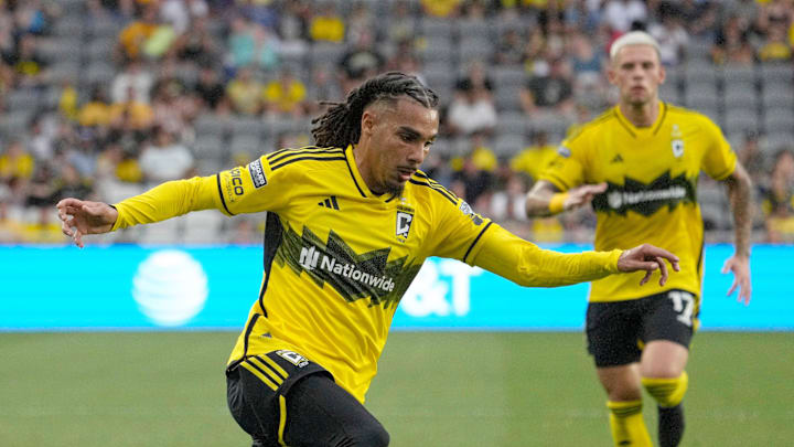August 17, 2024; Columbus, Ohio, USA; 
Columbus Crew defender Mohamed Farsi (23) turns a ball during the second half of a Leagues Cup quarterfinal match against New York City at Lower.com Field.