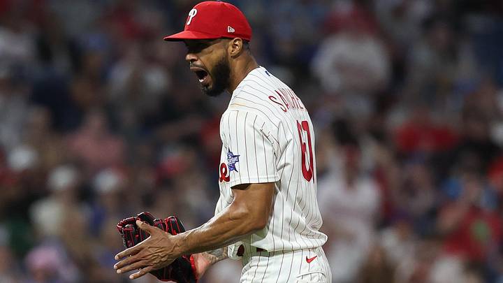 May 5, 2026; Philadelphia, Pennsylvania, USA; Philadelphia Phillies pitcher Cristopher Sanchez (61) reacts after an Athletics strikeout to end the eighth inning at Citizens Bank Park. May 5, 2026; Philadelphia, Pennsylvania, USA; Philadelphia Phillies pitcher Cristopher Sanchez (61) reacts after an Athletics strikeout to end the eighth inning at Citizens Bank Park.