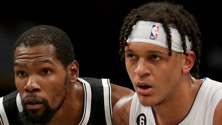 Nov 28, 2022; Brooklyn, New York, USA; Brooklyn Nets forward Kevin Durant (7) and Orlando Magic forward Paolo Banchero (5) fight for position during the fourth quarter at Barclays Center. Mandatory Credit: Brad Penner-USA TODAY Sports Nov 28, 2022; Brooklyn, New York, USA; Brooklyn Nets forward Kevin Durant (7) and Orlando Magic forward Paolo Banchero (5) fight for position during the fourth quarter at Barclays Center. Mandatory Credit: Brad Penner-USA TODAY Sports