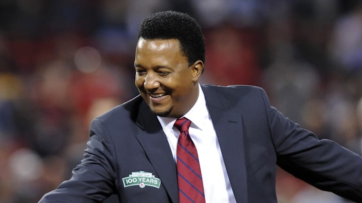 September 26, 2012; Boston, MA, USA; Boston Red Sox former pitcher Pedro Martinez during pre-game ceremonies prior to a game against the Tampa Bay Rays at Fenway Park. Mandatory Credit: Bob DeChiara-Imagn Images