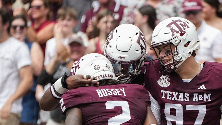 Texas A&M Aggies wide receiver Terry Bussey (2) and Texas A&M Aggies tight end Nate Boerkircher (87) celebrate after a touchdown during the first quarter at Kyle Field. Texas A&M Aggies wide receiver Terry Bussey (2) and Texas A&M Aggies tight end Nate Boerkircher (87) celebrate after a touchdown during the first quarter at Kyle Field.