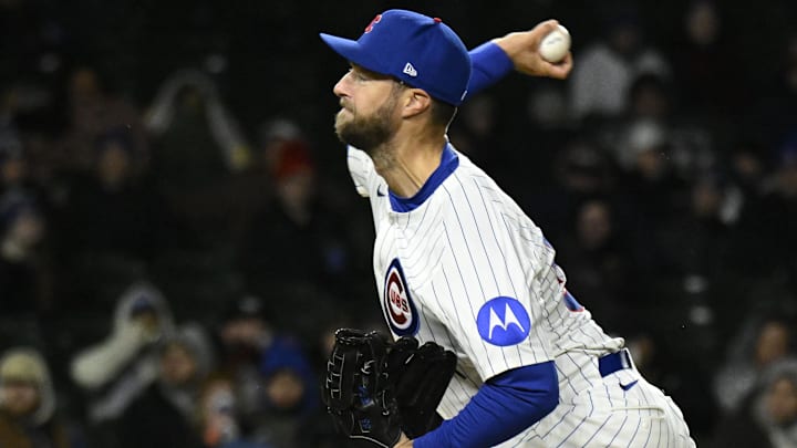 Apr 7, 2025; Chicago, Illinois, USA; Chicago Cubs pitcher Colin Rea (53) delivers during the ninth inning against the Texas Rangers at Wrigley Field Apr 7, 2025; Chicago, Illinois, USA; Chicago Cubs pitcher Colin Rea (53) delivers during the ninth inning against the Texas Rangers at Wrigley Field