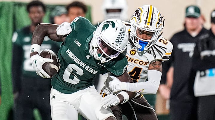 Michigan State wide receiver Nick Marsh (6) runs against Western Michigan cornerback John Peters (24) during the second half at Spartan Stadium in East Lansing on Friday, August 29, 2025.