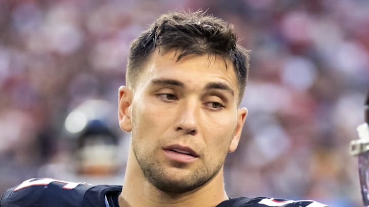 Dec 21, 2025; Glendale, Arizona, USA; Atlanta Falcons linebacker Kaden Elliss (55) against the Arizona Cardinals at State Farm Stadium. Mandatory Credit: Mark J. Rebilas-Imagn Images