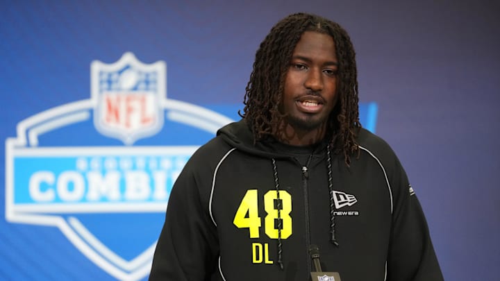 Feb 25, 2026; Indianapolis, IN, USA; UCF defensive lineman Malachi Lawrence (DL48) speaks during the NFL Scouting Combine at the Indiana Convention Center. Mandatory Credit: Kirby Lee-Imagn Images