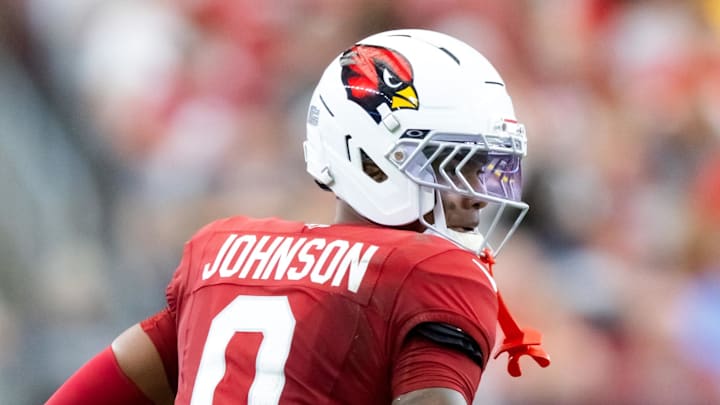 Aug 9, 2025; Glendale, Arizona, USA; Arizona Cardinals cornerback Will Johnson (0) against the Kansas City Chiefs during a preseason NFL game at State Farm Stadium. Mandatory Credit: Mark J. Rebilas-Imagn Images