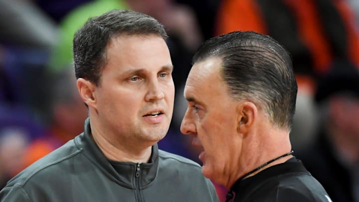 NC State Wolfpack head coach Will Wade talks to an official Tuesday, Jan. 20, 2026, during the NCAA men’s basketball game against the Clemson Tigers at Littlejohn Coliseum in Clemson, South Carolina.