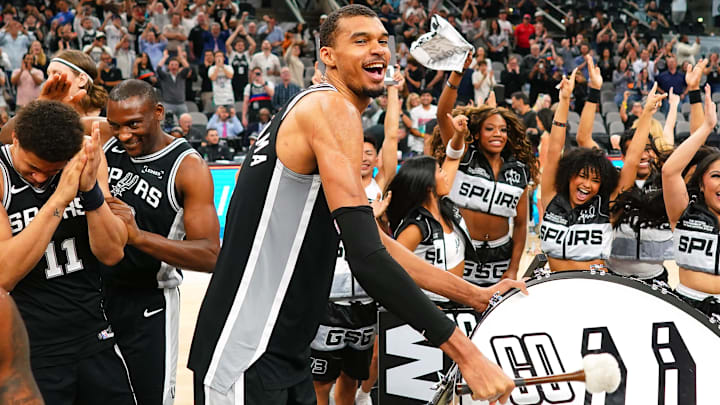 Mar 5, 2026; San Antonio, Texas, USA; San Antonio Spurs forward forward Victor Wembanyama (1) beats a drum and leads fans on a cheer after a victory over the Detroit Pistons at Frost Bank Center. Mandatory Credit: Scott Wachter-Imagn Images Mar 5, 2026; San Antonio, Texas, USA; San Antonio Spurs forward forward Victor Wembanyama (1) beats a drum and leads fans on a cheer after a victory over the Detroit Pistons at Frost Bank Center. Mandatory Credit: Scott Wachter-Imagn Images