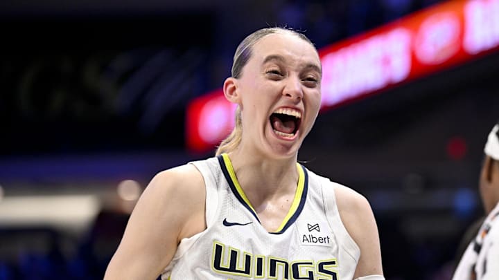 Sep 11, 2025; Arlington, Texas, USA; Dallas Wings guard Paige Bueckers (5) celebrates after the game against the Phoenix Mercury at College Park Center. Mandatory Credit: Jerome Miron-Imagn Images
