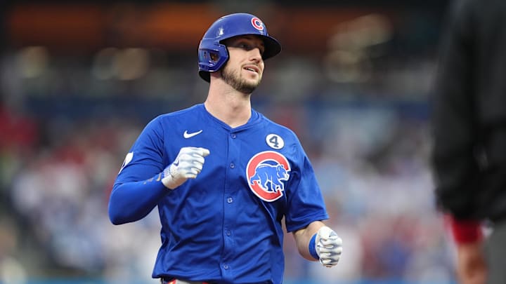 Jun 9, 2025; Philadelphia, Pennsylvania, USA; Chicago Cubs outfielder Kyle Tucker (30) reacts after hitting a home run against the Philadelphia Phillies in the first inning at Citizens Bank Park. 