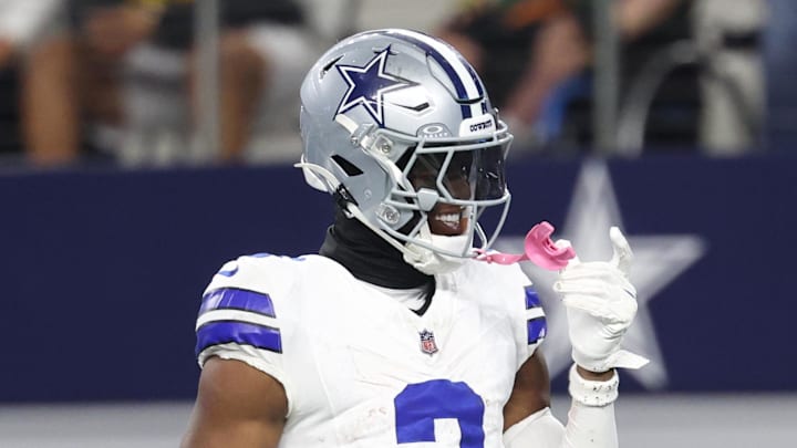 Sep 28, 2025; Arlington, Texas, USA; Dallas Cowboys wide receiver George Pickens (3) celebrates after scoring a touchdown in the fourth quarter against the Green Bay Packers at AT&T Stadium. Mandatory Credit: Kevin Jairaj-Imagn Images