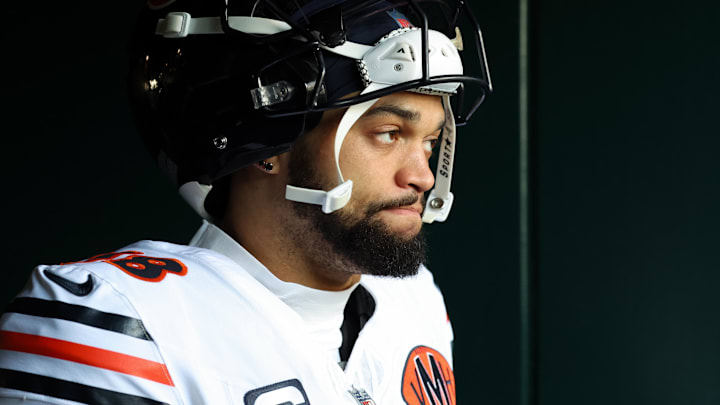 Nov 28, 2025; Philadelphia, Pennsylvania, USA; Chicago Bears quarterback Caleb Williams (18) looks on during warmups prior to the game against the Philadelphia Eagles at Lincoln Financial Field.