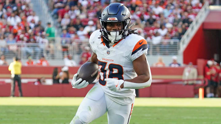 Aug 9, 2025; Santa Clara, California, USA; Denver Broncos running back Jaleel McLaughlin (38) rushes the ball in the second quarter against the San Francisco 49ers at Levi's Stadium. Aug 9, 2025; Santa Clara, California, USA; Denver Broncos running back Jaleel McLaughlin (38) rushes the ball in the second quarter against the San Francisco 49ers at Levi's Stadium.