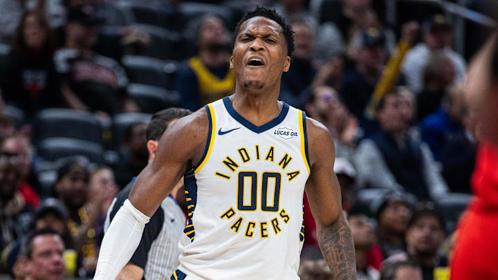 Jan 28, 2026; Indianapolis, Indiana, USA;  Indiana Pacers guard/forward Bennedict Mathurin (00) celebrates a made shot  in the second half against the Chicago Bulls at Gainbridge Fieldhouse. Mandatory Credit: Trevor Ruszkowski-Imagn Images