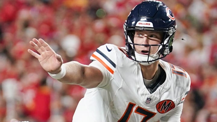Aug 22, 2025; Kansas City, Missouri, USA; Chicago Bears quarterback Tyson Bagent (17) gestures at the line of scrimmage against the Kansas City Chiefs during the second half of the game at GEHA Field at Arrowhead Stadium. Aug 22, 2025; Kansas City, Missouri, USA; Chicago Bears quarterback Tyson Bagent (17) gestures at the line of scrimmage against the Kansas City Chiefs during the second half of the game at GEHA Field at Arrowhead Stadium.