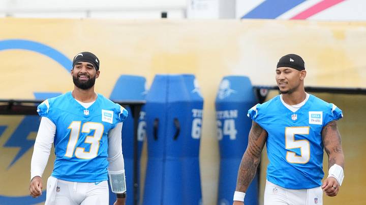 Jul 21, 2025; El Segundo, CA, USA; Los Angeles Chargers quarterbacks Justin Herbert (10), Taylor Heinicke (4), DJ Uiagalelei (13) and Trey Lance (5) at training camp at The Bolt. Mandatory Credit: Kirby Lee-Imagn Images