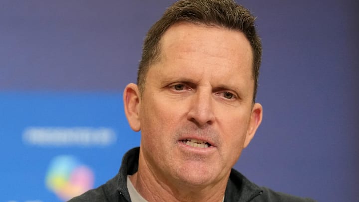Feb 24, 2026; Indianapolis, IN, USA; Denver Broncos general manager George Paton speaks at the NFL Scouting Combine at the Indiana Convention Center. Mandatory Credit: Kirby Lee-Imagn Images