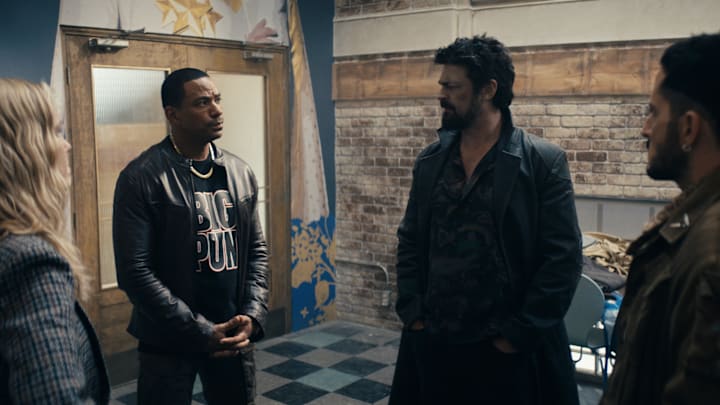 Erin Moriarty (Annie January aka Starlight), Laz Alonso (Mother's Milk), Karl Urban (Billy Butcher), Tomer Capone (Frenchie) in The Boys season 4 - Credit: Prime Video