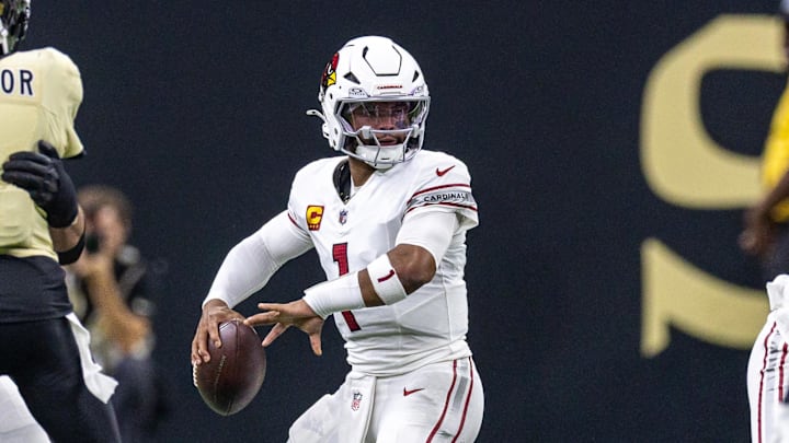 Sep 7, 2025; New Orleans, Louisiana, USA; Arizona Cardinals quarterback Kyler Murray (1) passes against the New Orleans Saints during the first half at Caesars Superdome. Mandatory Credit: Stephen Lew-Imagn Images