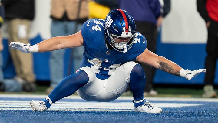 New York Giants running back Cam Skattebo (44) celebrates after scoring a touchdown during a Thursday Night Football game between the New York Giants and the Philadelphia Eagles at MetLife Stadium in East Rutherford on Oct. 9, 2025.