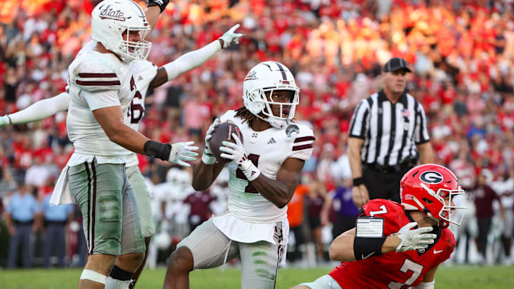 Mississippi State Bulldogs cornerback DeAgo Brumfield (4) reacts after an interception against the Georgia Bulldogs in the third quarter at Sanford Stadium. Mississippi State Bulldogs cornerback DeAgo Brumfield (4) reacts after an interception against the Georgia Bulldogs in the third quarter at Sanford Stadium.