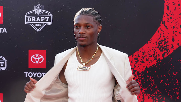 Apr 23, 2026; Pittsburgh, PA, USA; Ohio State Buckeyes receiver Carnell Tate poses on the red carpet before the 2026 NFL Draft at Point State Park. Mandatory Credit: Kirby Lee-Imagn Images