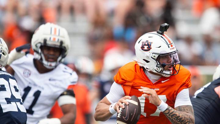 Auburn Tigers quarterback Byrum Brown (17) rolls out of the pocket during Auburn Tigers A-Day spring game at Jordan-Hare Stadium in Auburn, Ala. on Saturday, April 18, 2026.