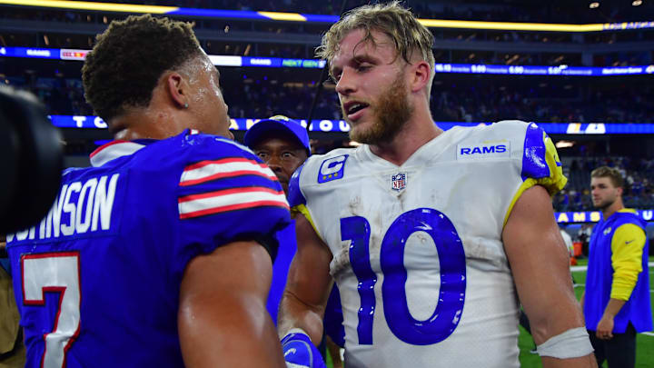 Buffalo Bills cornerback Taron Johnson (7) and Los Angeles Rams wide receiver Cooper Kupp (10).