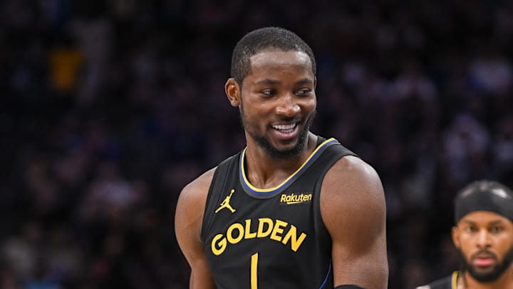 Nov 5, 2025; Sacramento, California, USA; Golden State Warriors forward Jonathan Kuminga (1) reacts after being called for a foul against the Sacramento Kings during the fourth quarter at Golden 1 Center.