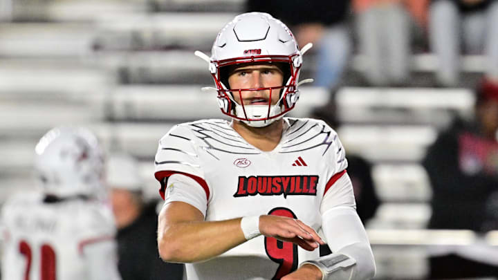 Oct 25, 2024; Chestnut Hill, Massachusetts, USA; Louisville Cardinals quarterback Tyler Shough (9) warms up before a game against the Boston College Eagles at Alumni Stadium. Oct 25, 2024; Chestnut Hill, Massachusetts, USA; Louisville Cardinals quarterback Tyler Shough (9) warms up before a game against the Boston College Eagles at Alumni Stadium.