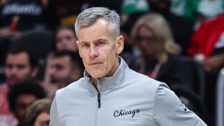 Dec 23, 2025; Atlanta, Georgia, USA; Chicago Bulls head coach Billy Donovan looks on during the game against the Atlanta Hawks during the fourth quarter at State Farm Arena. Mandatory Credit: Jordan Godfree-Imagn Images