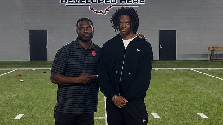 Ohio State WR Coach Cortez Hankton and Bellflower High School '29 WR Austin Miller Ohio State WR Coach Cortez Hankton and Bellflower High School '29 WR Austin Miller