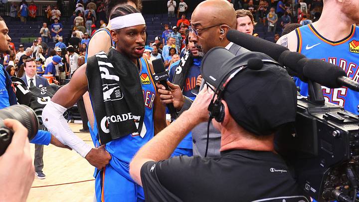Apr 26, 2025; Memphis, Tennessee, USA; Oklahoma City Thunder guard Shai Gilgeous-Alexander (2) is interviewed after defeating the Memphis Grizzlies in game four for the first round of the 2024 NBA Playoffs at FedExForum. Mandatory Credit: Petre Thomas-Imagn Images