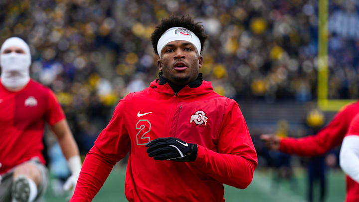 Ohio State Buckeyes defensive back Caleb Downs (2) warms-up before the game against the Michigan Wolverines at Michigan Stadium on Saturday, Nov. 29, 2025 in Ann Arbor , Michigan.