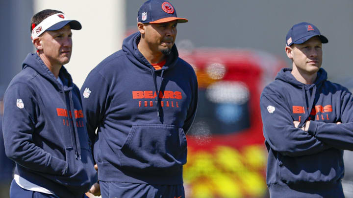 Chicago Bears defensive coordinator Dennis Allen, general manager Ryan Poles and head coach Ben Johnson 