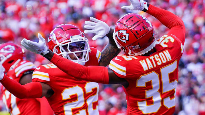 Sep 15, 2024; Kansas City, Missouri, USA; Kansas City Chiefs cornerback Trent McDuffie (22) celebrates with cornerback Jaylen Watson (35) after a play against the Cincinnati Bengals during the first half at GEHA Field at Arrowhead Stadium. Mandatory Credit: Denny Medley-Imagn Images Sep 15, 2024; Kansas City, Missouri, USA; Kansas City Chiefs cornerback Trent McDuffie (22) celebrates with cornerback Jaylen Watson (35) after a play against the Cincinnati Bengals during the first half at GEHA Field at Arrowhead Stadium. Mandatory Credit: Denny Medley-Imagn Images
